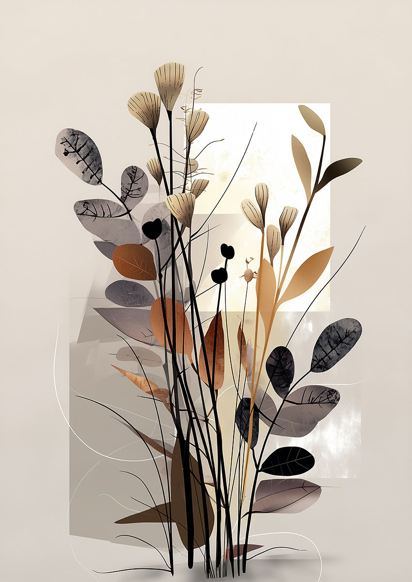 Stylised artwork of abstract floral arrangement in muted tones with delicate lines on a light background.